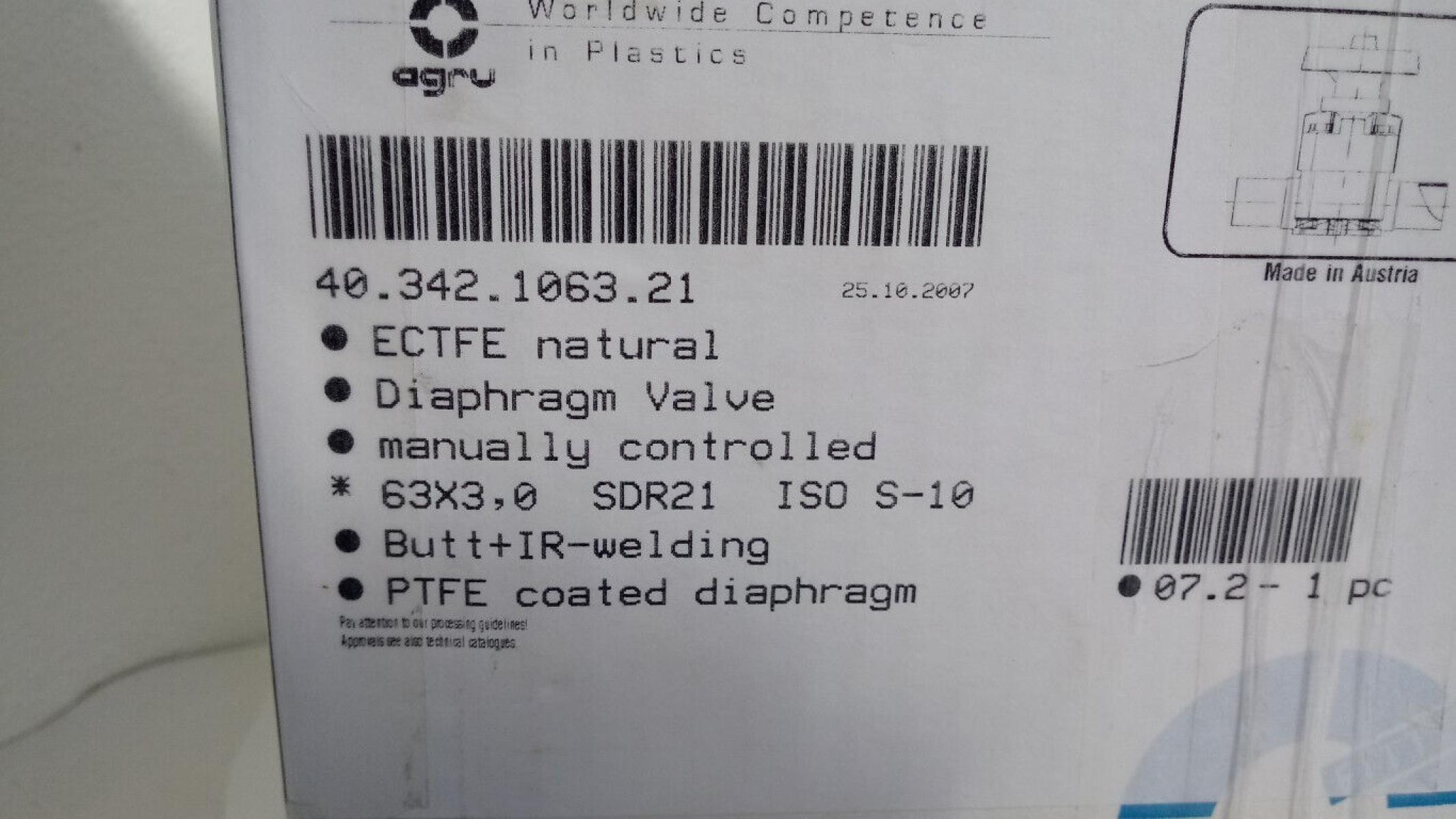 Membranventil Halar ECTFE 63x3.0 SDR21 diaphragm valve PTFE 40.342.1063.21 Agru, € 49,- (8130 Frohnleiten)