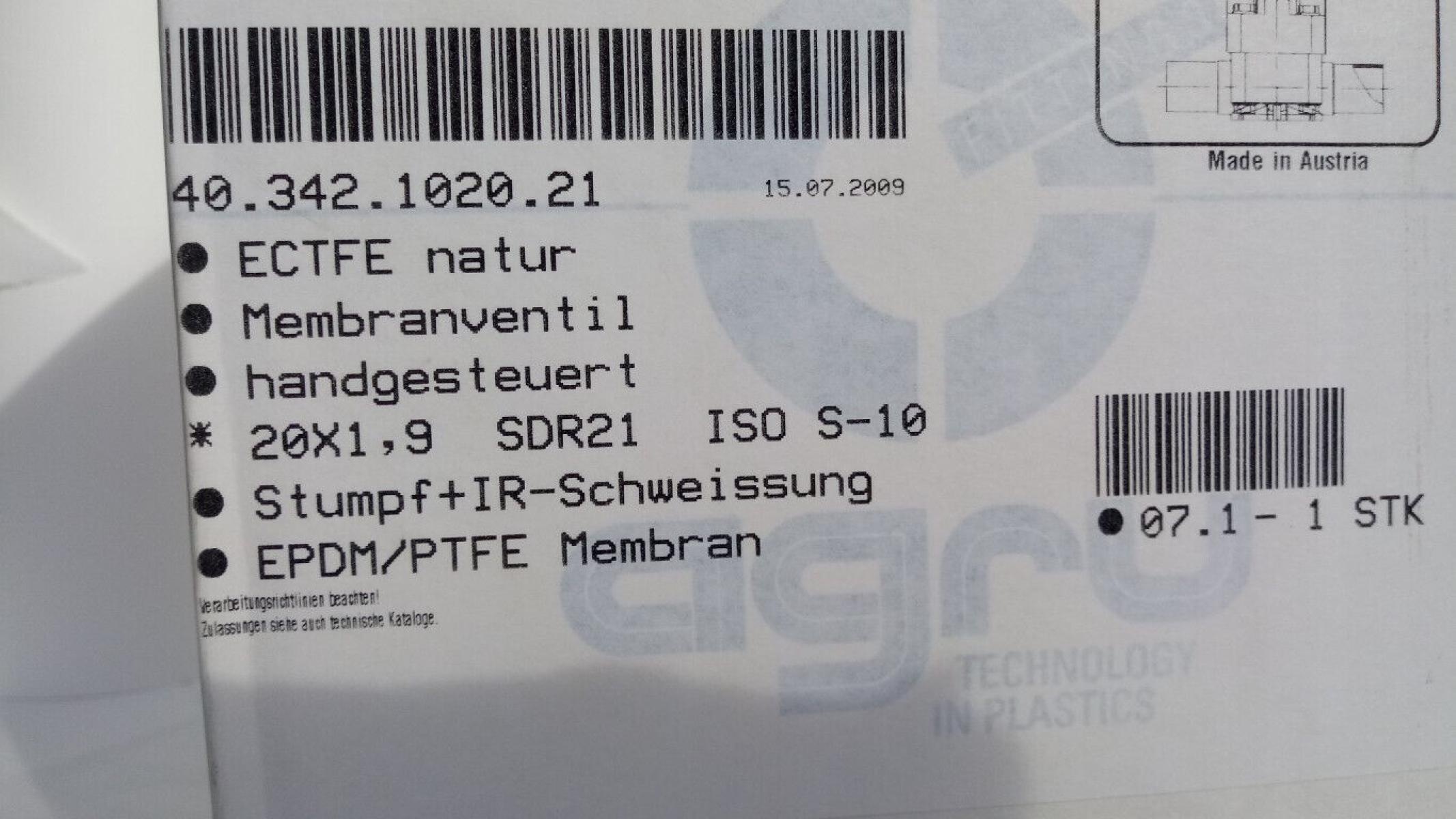 Agru Membranventil diaphragm valve ECTFE Halar 20mm 20x1,9 SDR21 EPDM/PTFE, € 49,- (8130 Frohnleiten)