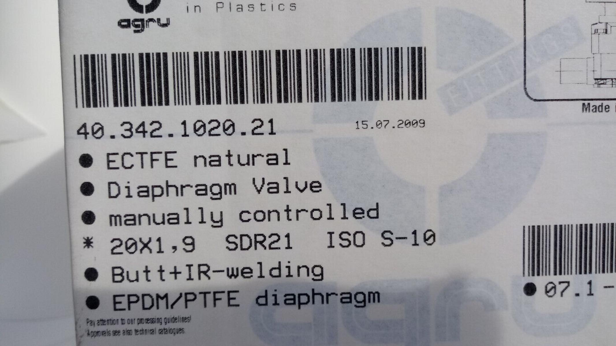 Agru Membranventil diaphragm valve ECTFE Halar 20mm 20x1,9 SDR21 EPDM/PTFE, € 49,- (8130 Frohnleiten)