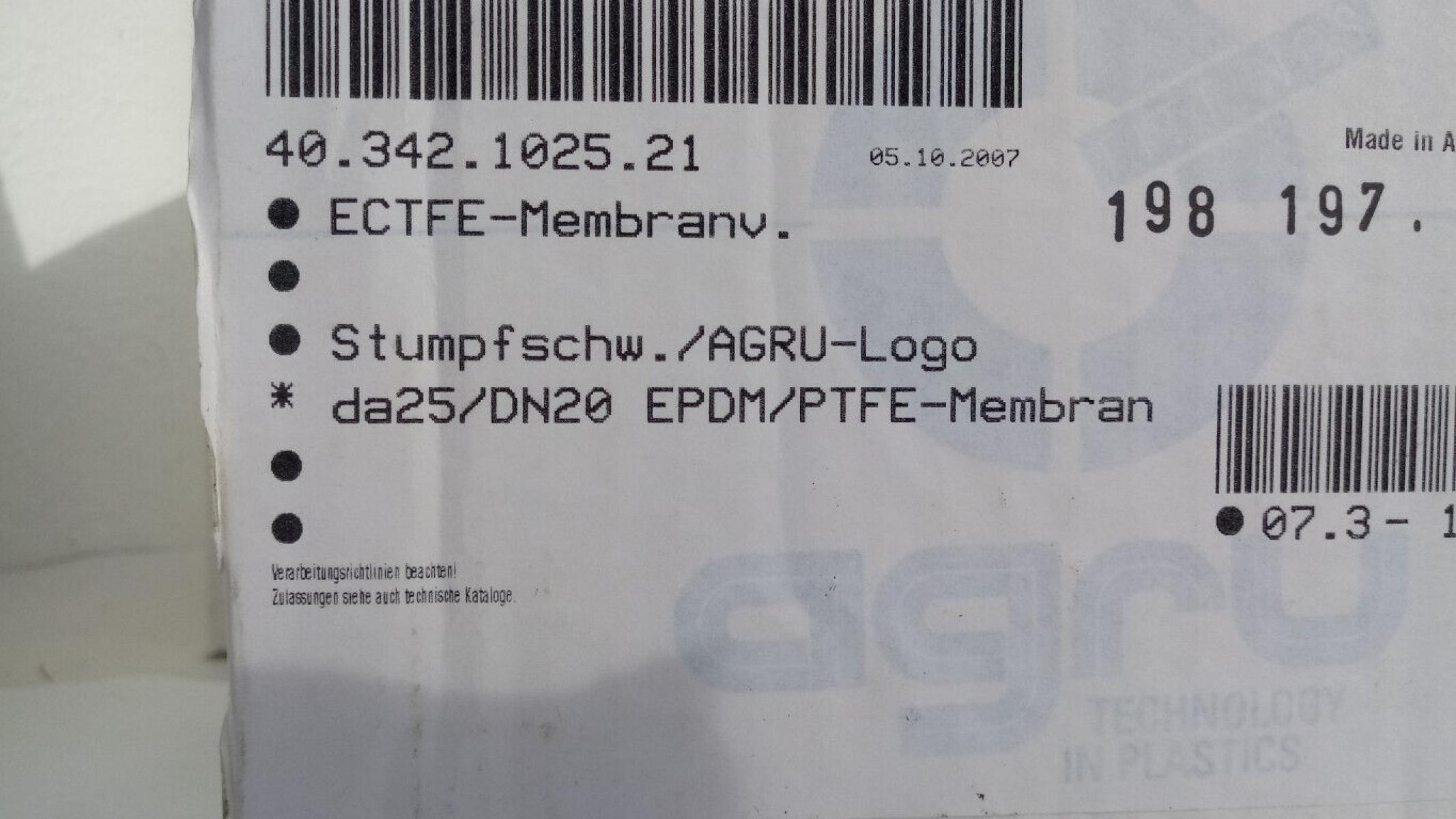 Agru Membranventil diaphragm valve ECTFE Halar 25mm EPDM / PTFE da25 / DN20, € 49,- (8130 Frohnleiten)