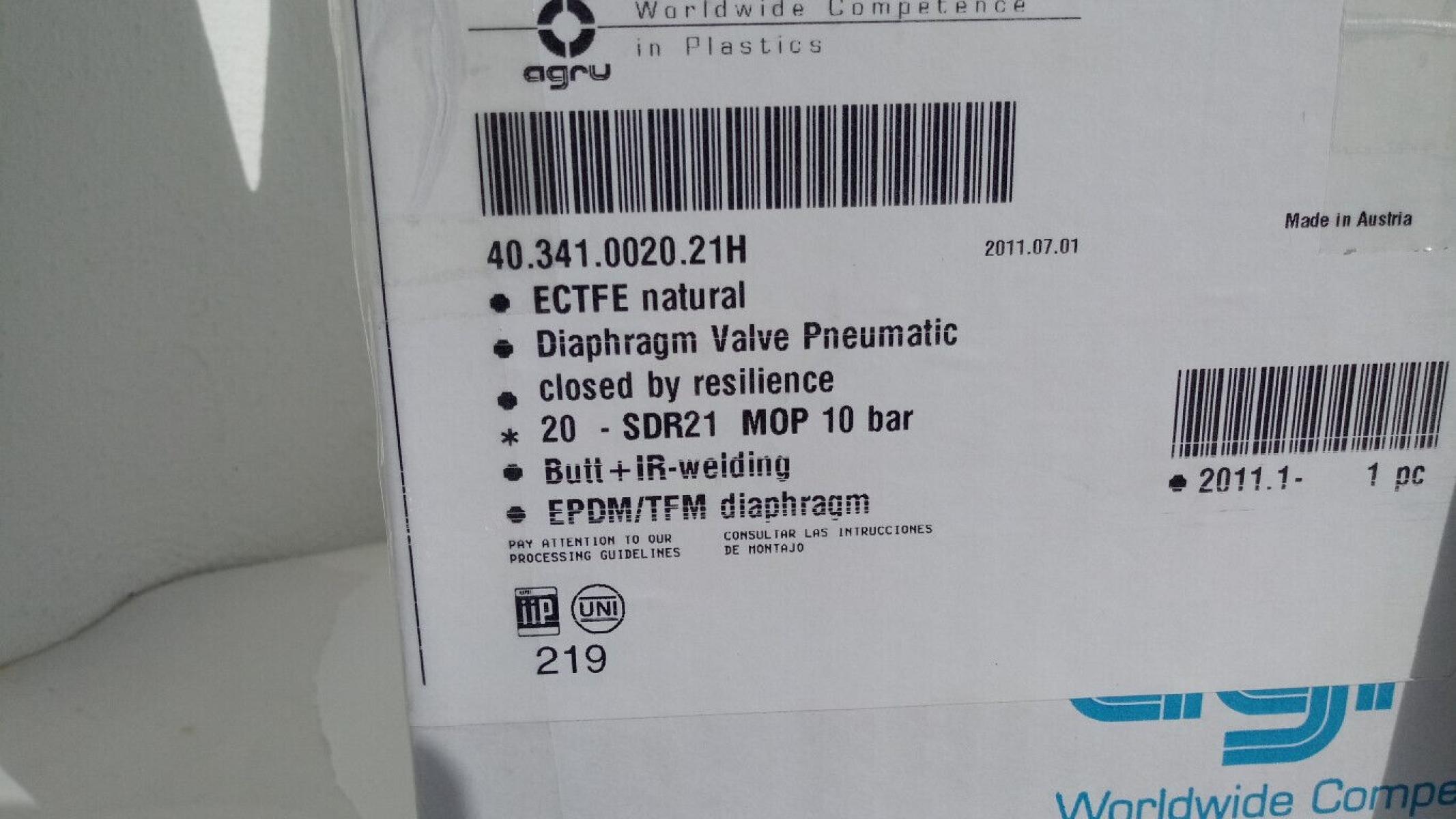 Membranventil pneum ECTFE SDR21 MOP 10 bar diaphragm valve EPDM 40.341.0020.21H, € 49,- (8130 Frohnleiten)