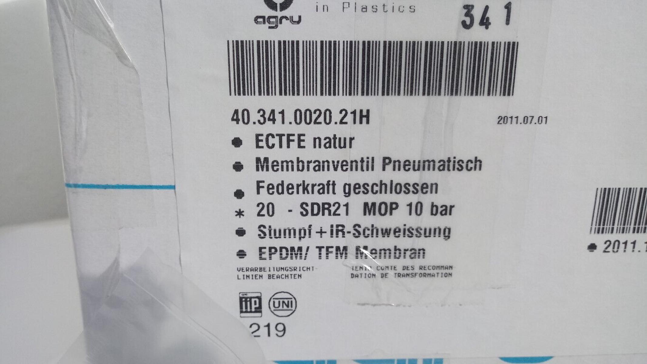 Membranventil pneum ECTFE SDR21 MOP 10 bar diaphragm valve EPDM 40.341.0020.21H, € 49,- (8130 Frohnleiten)